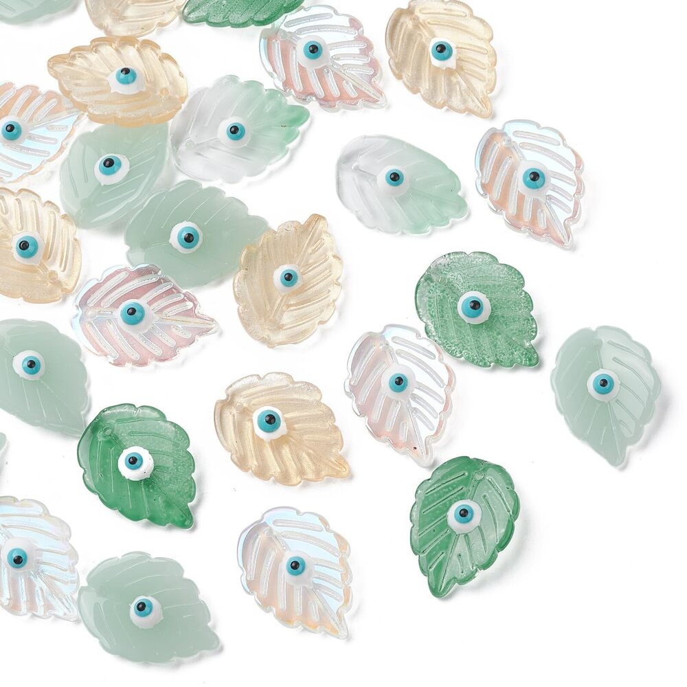8137 30 Pcs Random Color Glass Leaf Charms Western Evil Eye Charms Cute